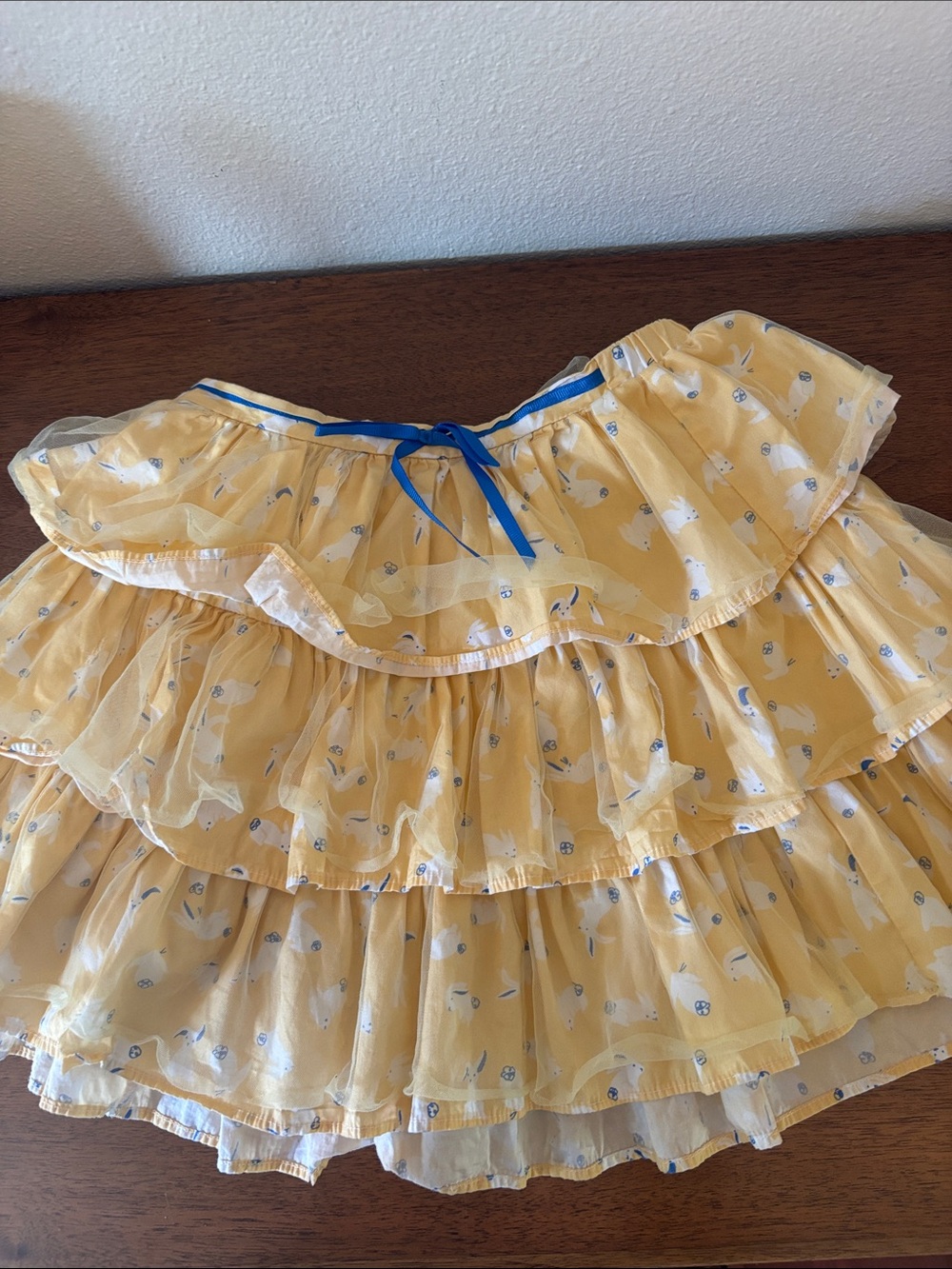 Yellow Tiered Ruffle Skirt with Blue Ribbon - Kids 10y